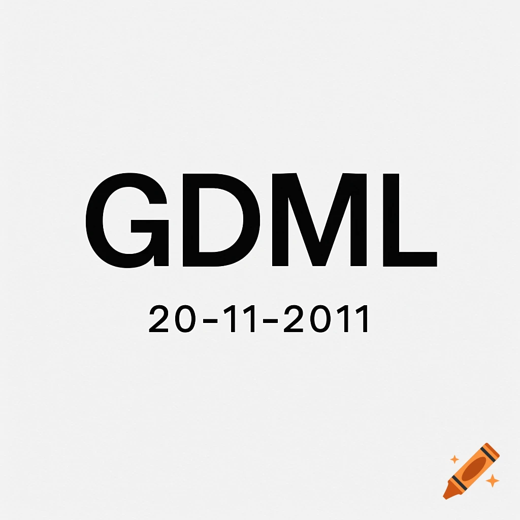 A simple monochrome logo with the text "GDML" above "20-11-2011" on a light gray background.