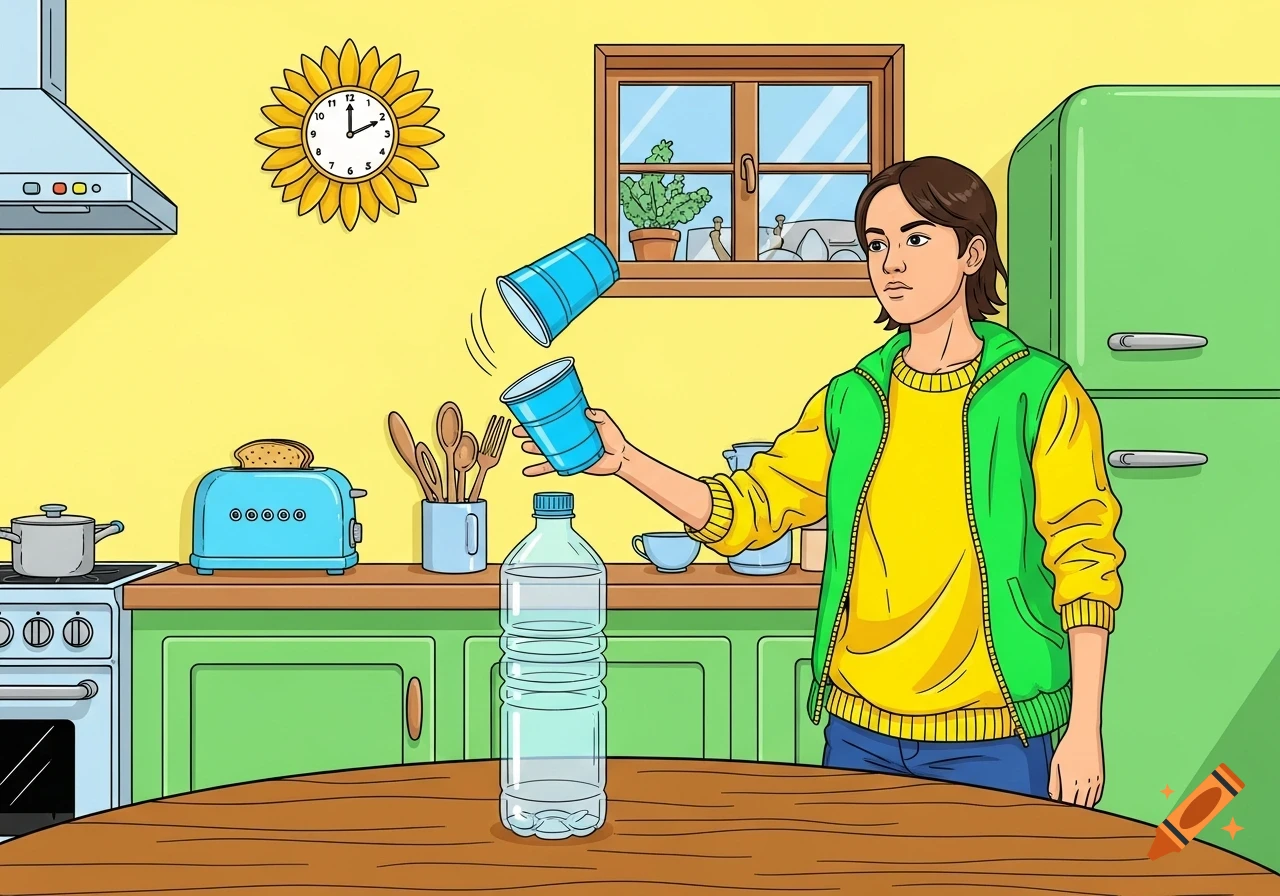 Clipart drawing of a person in a kitchen flipping a blue plastic cup onto a water bottle on a wooden table.