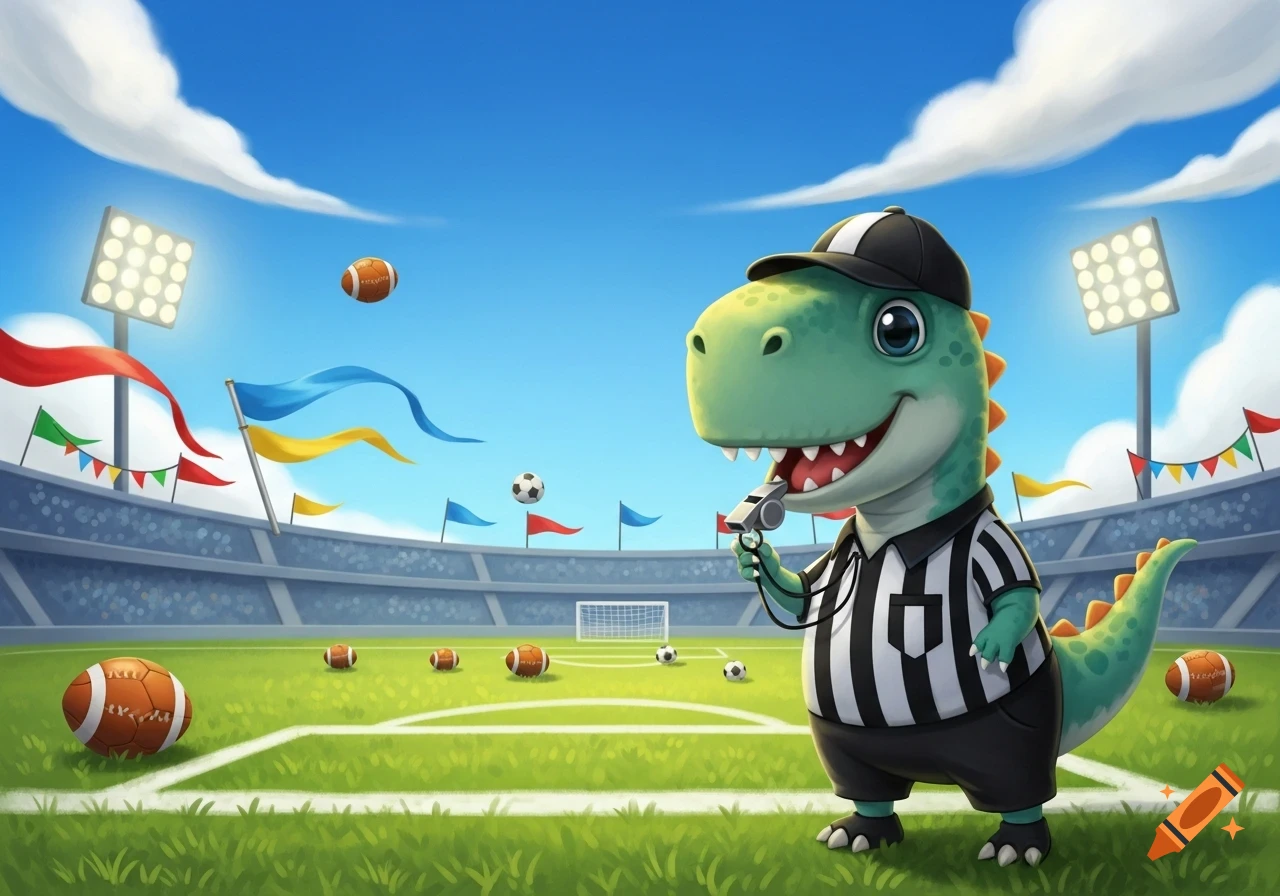 Cute cartoon green dinosaur referee holding a whistle on a sports field with footballs and soccer balls in a stadium.