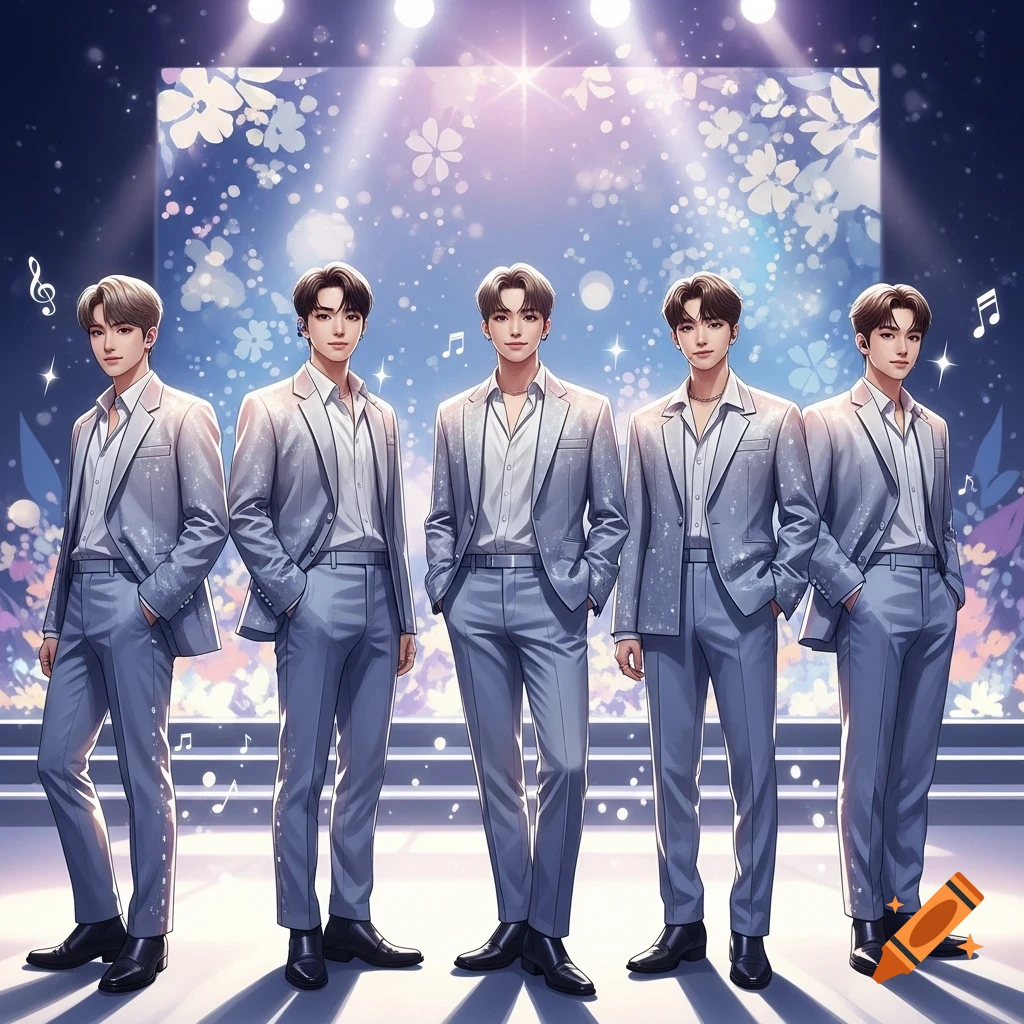 Five anime-style K-pop male idols in light grey suits stand on a glittering stage with musical notes.