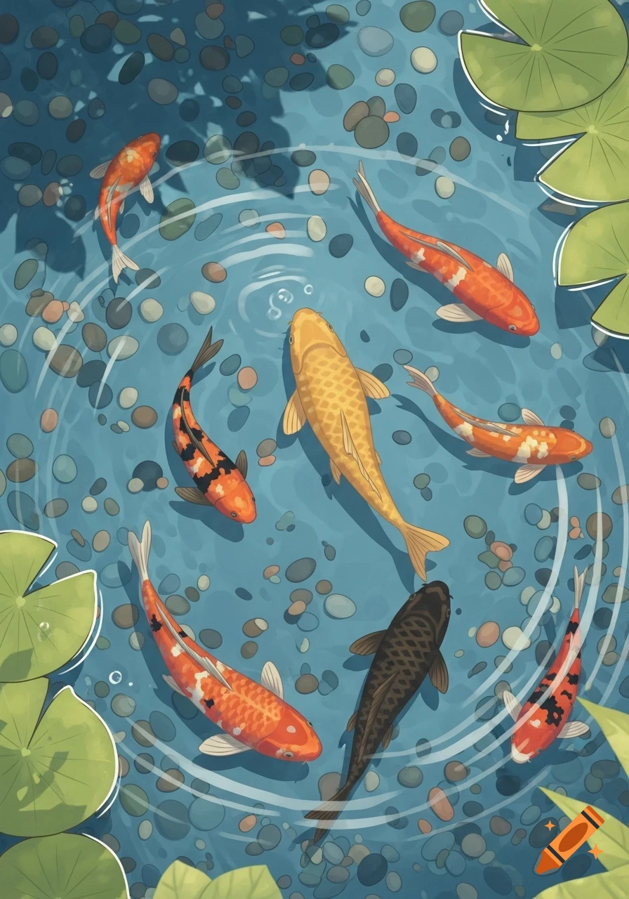An overhead view of a pond with colorful koi fish, lily pads, and stones, rendered in a clear illustration style.