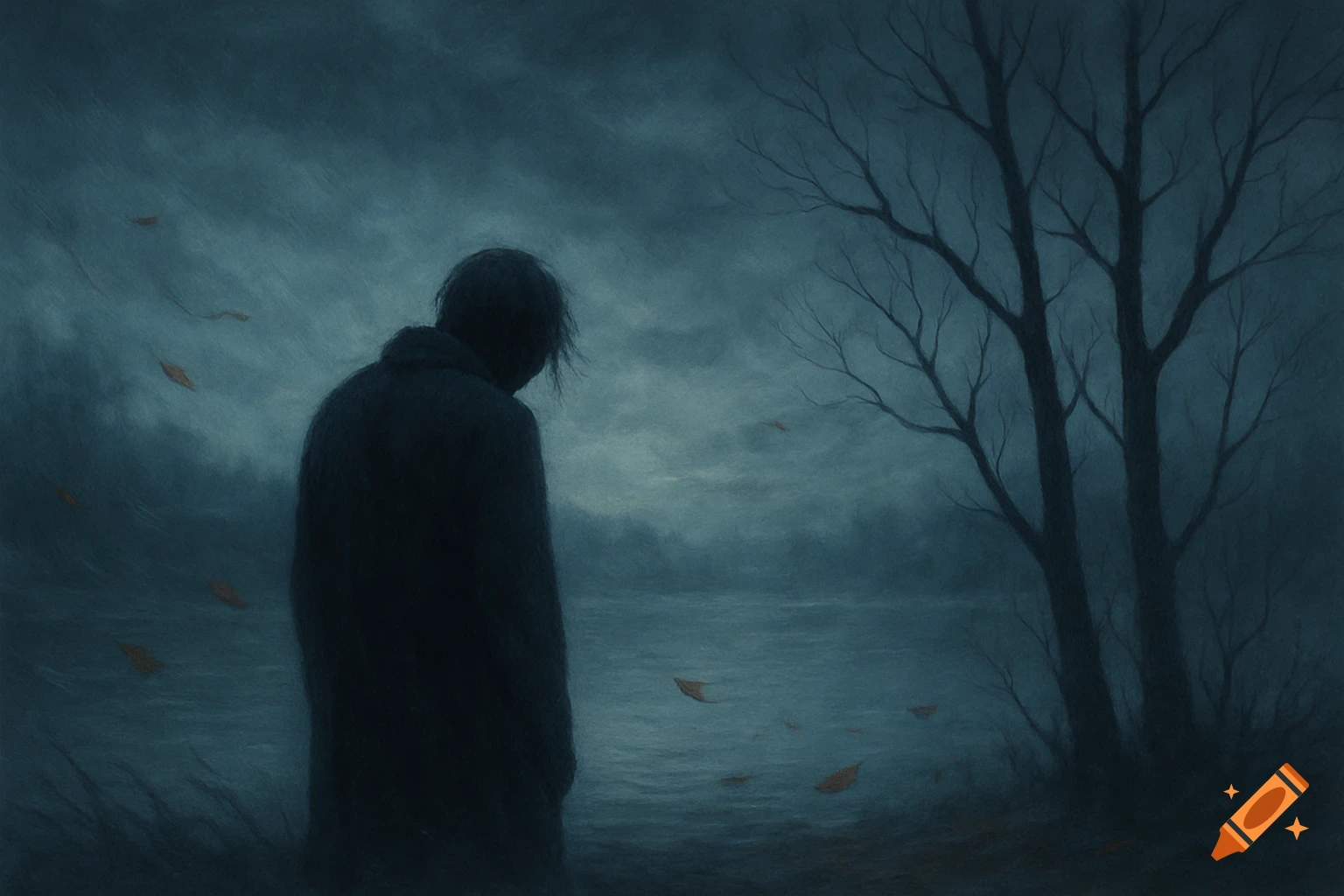 A dark, moody painting shows a solitary figure from behind, standing by a dark body of water with bare trees under a cloudy sky, with leaves blowing in the wind.