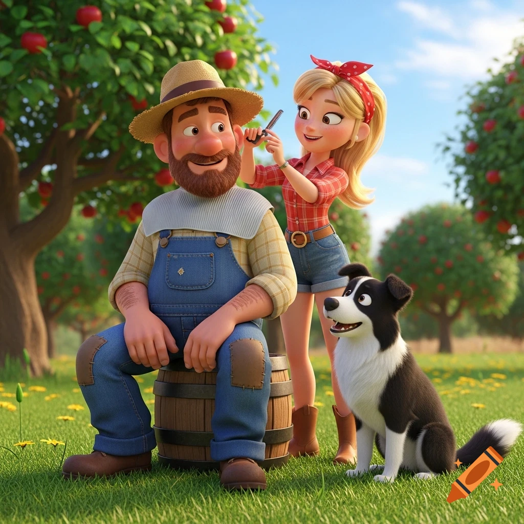 A 3D cartoon farmer sits on a barrel getting his hair cut by a blonde woman while a black and white Border Collie sits nearby in an apple orchard.