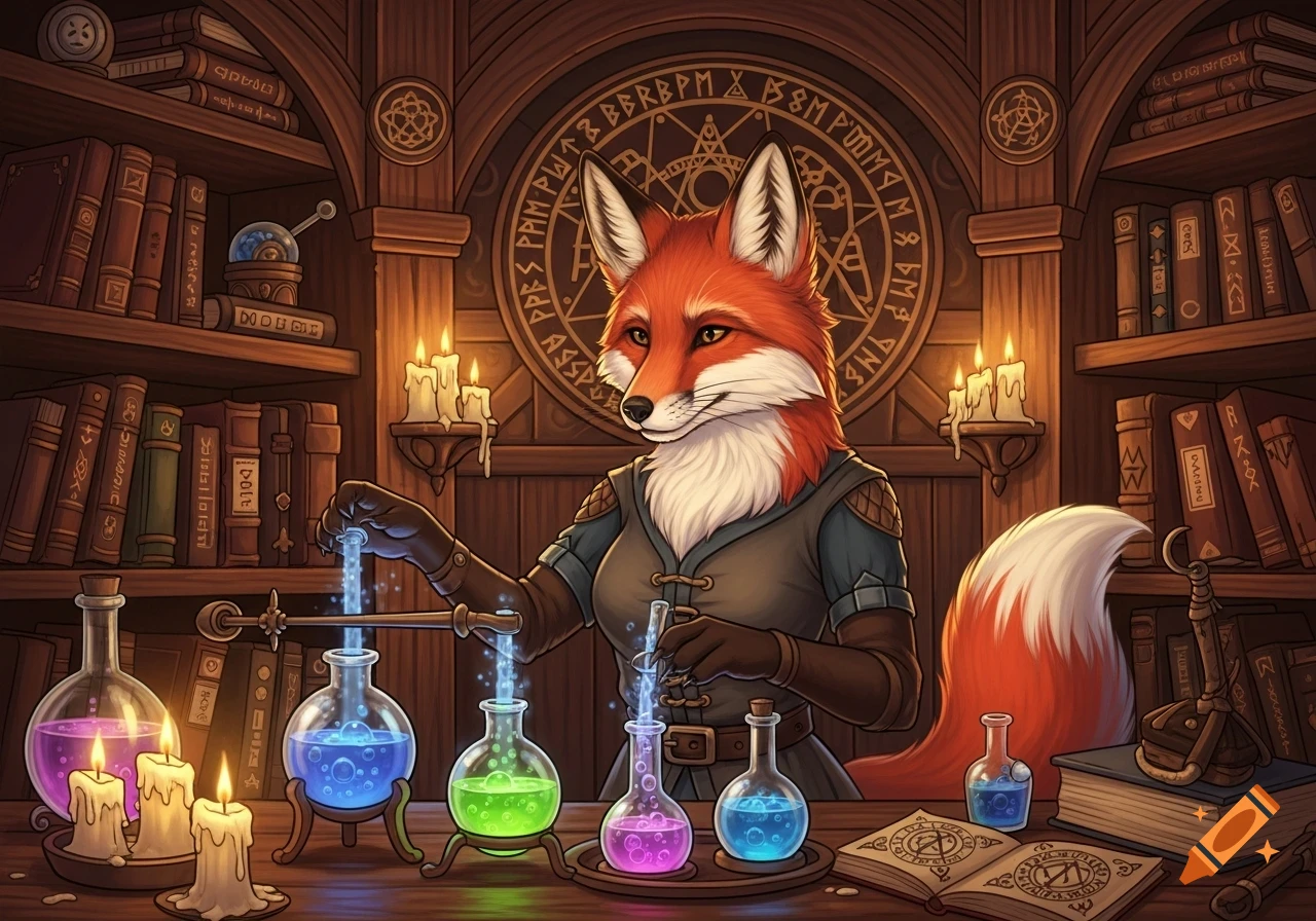 An anthropomorphic red fox alchemist mixes glowing potions in a cozy, book-filled study, surrounded by magical symbols.