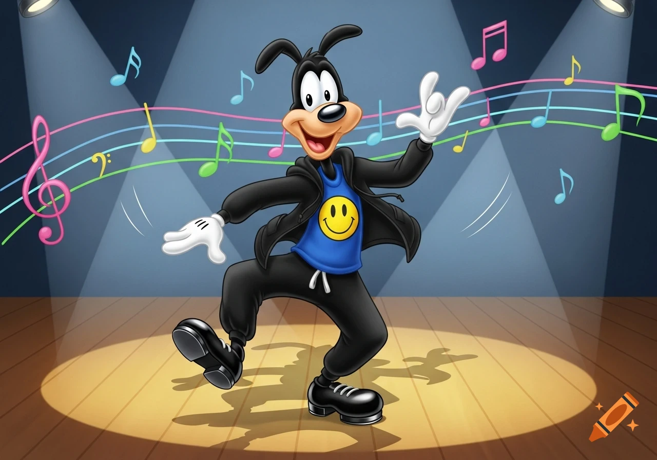A cartoon character, similar to Max Goof, tap dances on a stage under spotlights, surrounded by colorful musical notes.