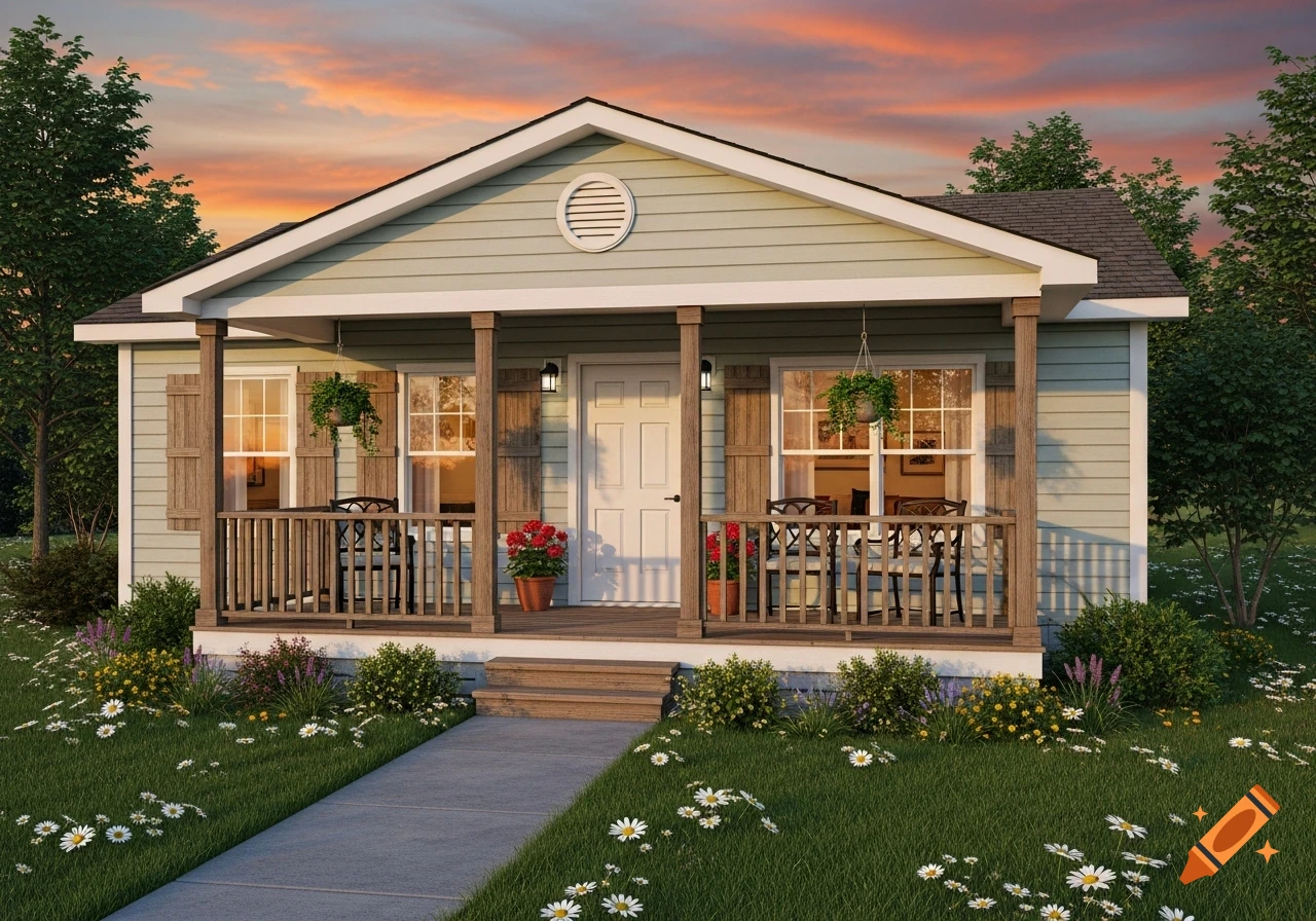 Photorealistic rancher home with a front porch, surrounded by a green lawn with daisies, under an orange sunset sky.