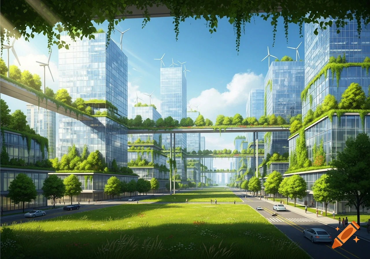 Vibrant, futuristic city with green skyscrapers, elevated walkways, lush grass, and wind turbines under a blue sky.