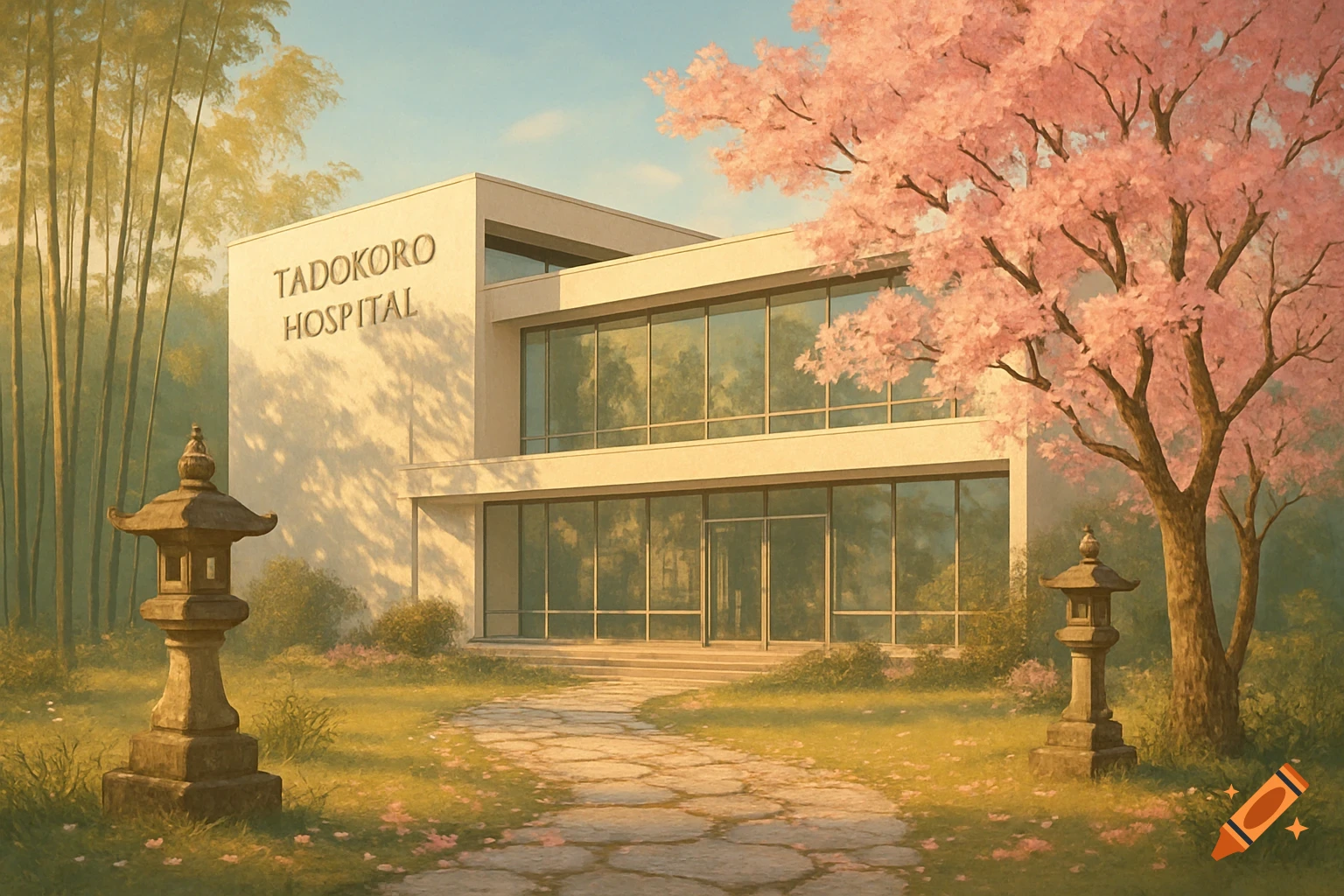 Modern Tadokoro Hospital building with large windows, fronted by a stone path, cherry blossom tree, and bamboo, in a painterly style.