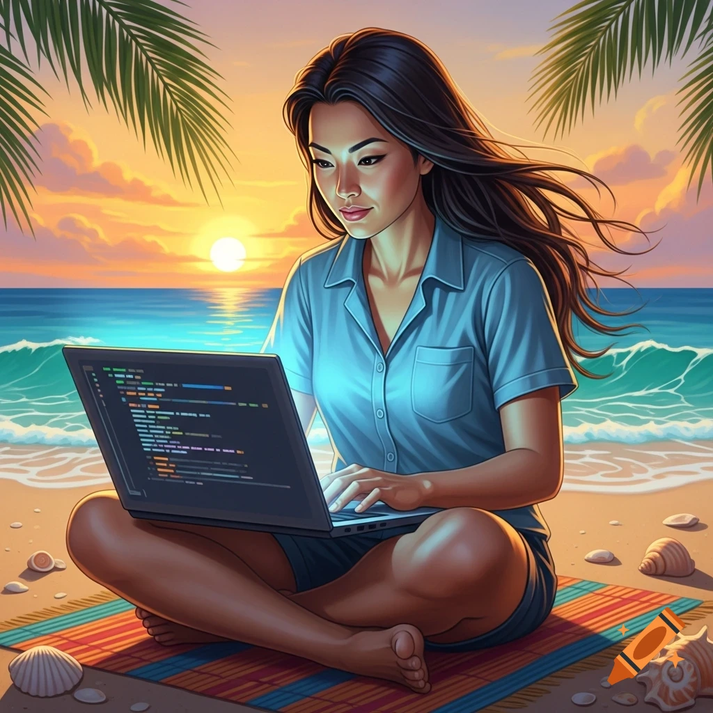 An Asian woman programs on a laptop on a colorful striped mat on a beach at sunset, with palm fronds overhead.