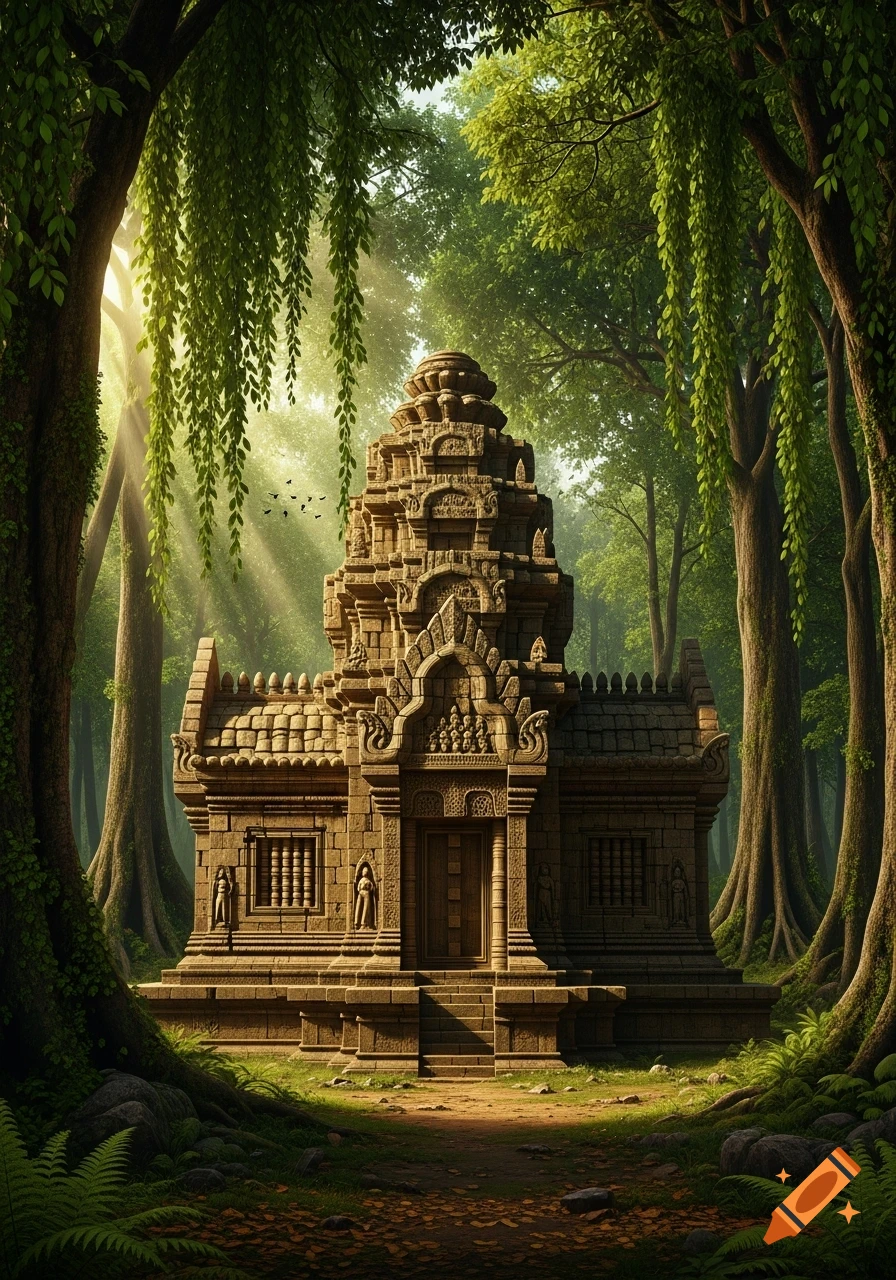 A majestic stone temple nestled deep within a lush, sun-drenched jungle, surrounded by towering trees and hanging vines.