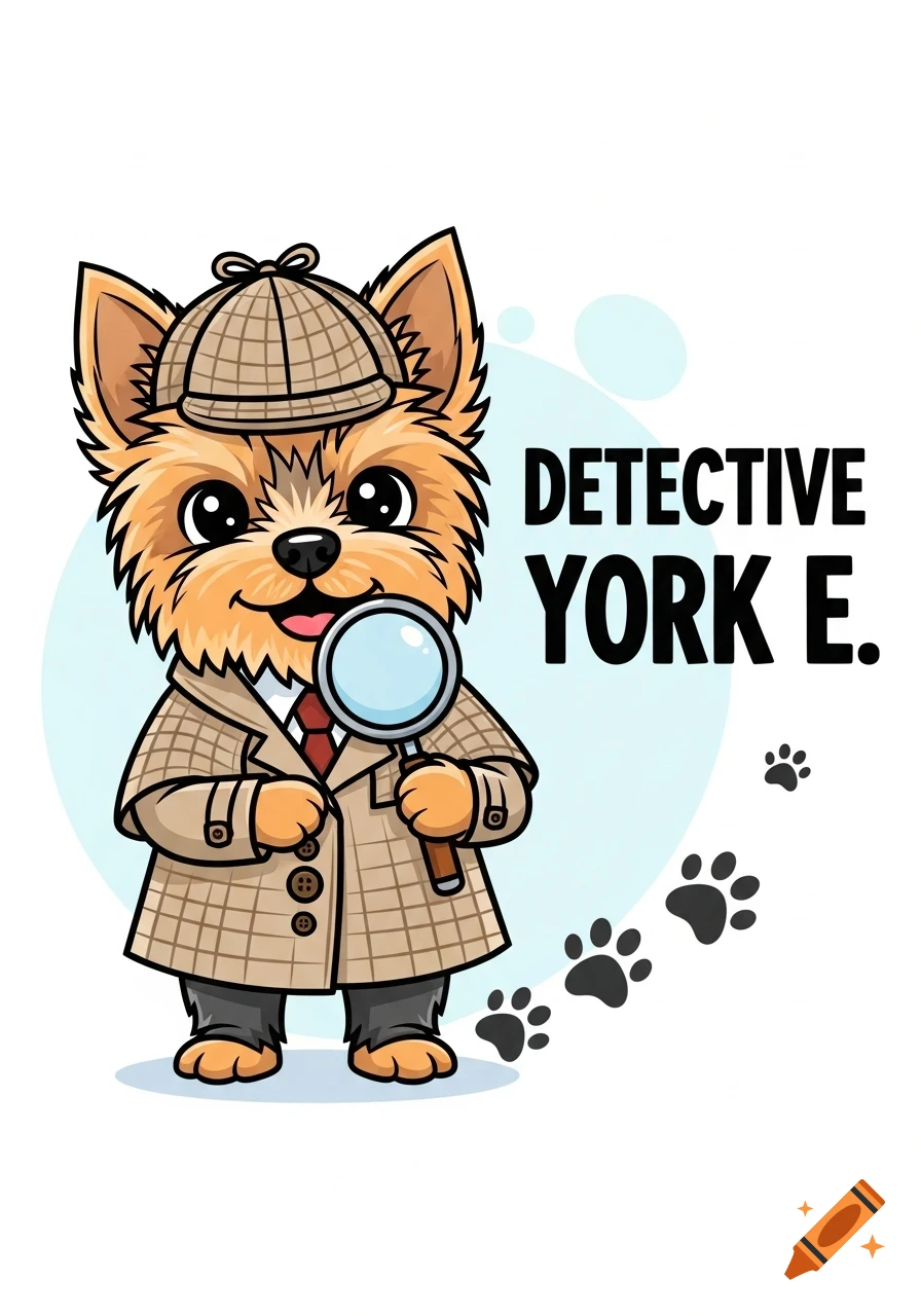 A cute cartoon Yorkshire Terrier dog dressed as a detective, holding a magnifying glass, with text "DETECTIVE YORK E." and paw prints.