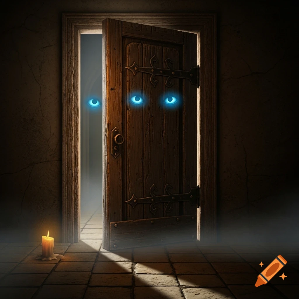 A dark, dimly lit room with a wooden door ajar, showing glowing blue eyes behind and on the door, and a lit candle on the tiled floor.