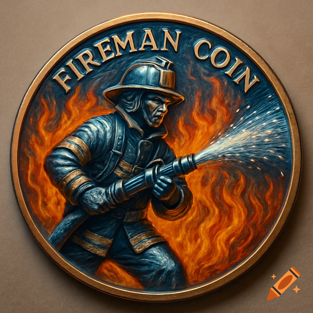 A bronze and blue coin depicting a firefighter aiming a hose at a fire, with 'FIREMAN COIN' embossed at the top.
