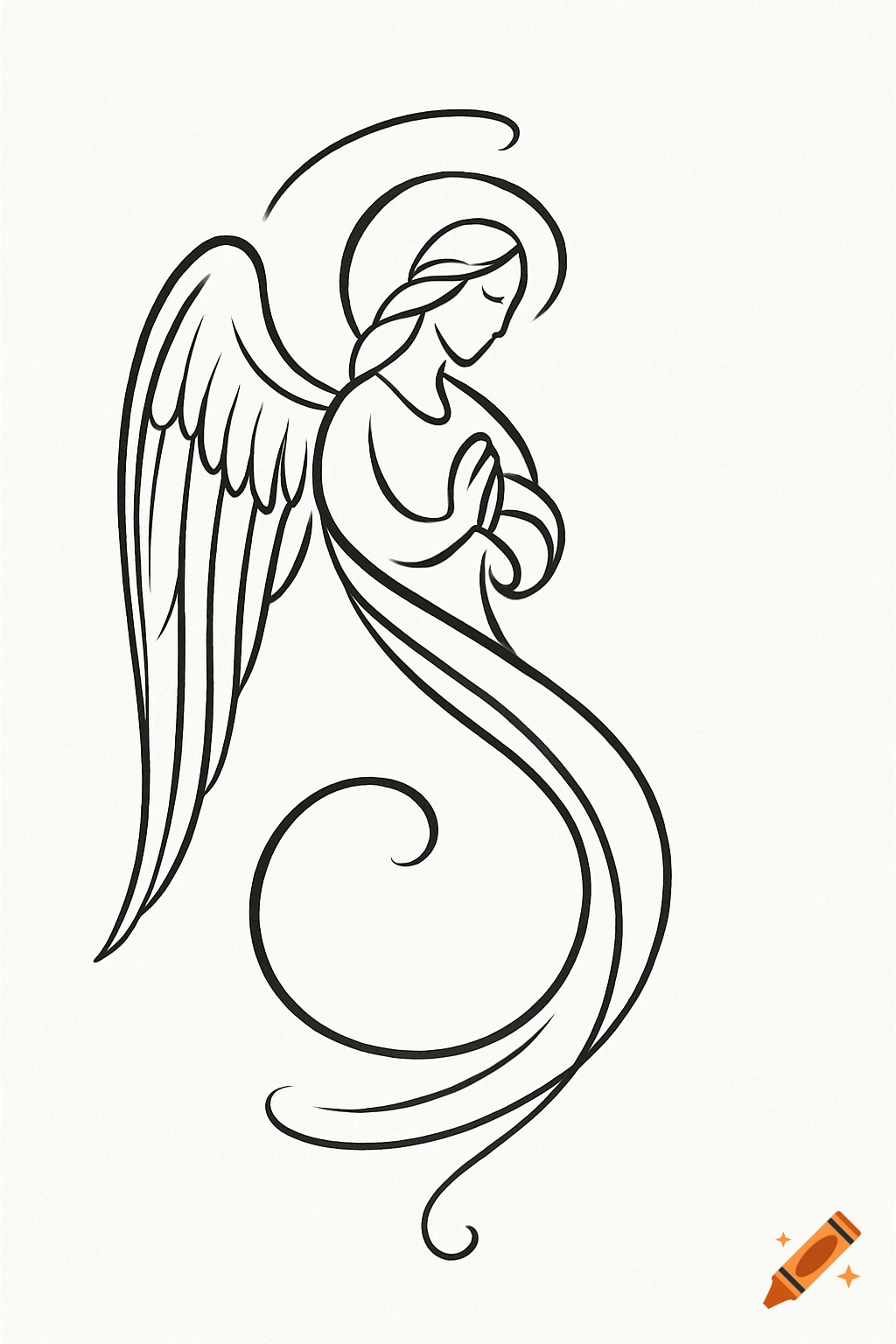 Line art drawing of an angel with folded hands, a halo, and large wings, flowing robes ending in curls.