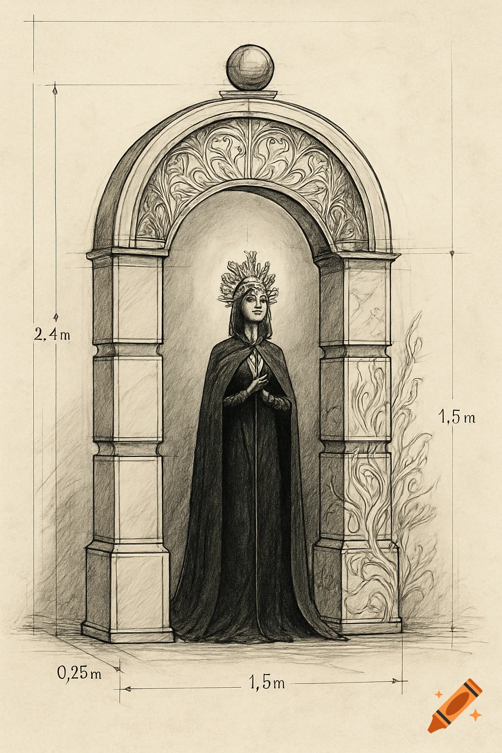 Pencil sketch of a robed figure with an ornate headpiece standing in an archway with architectural dimensions.