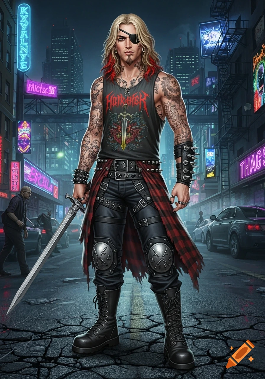 A heavily tattooed man with long blonde hair, an eyepatch, and a goatee, wearing a metal tank top, leather pants, and a red plaid kilt, holding a sword in a neon-lit city street at night.
