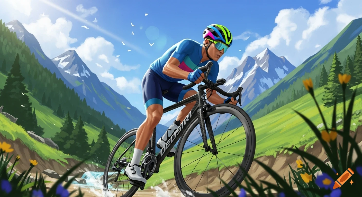 An illustrated male cyclist on a road bike rides through a shallow stream in a vibrant, sunny mountain landscape.