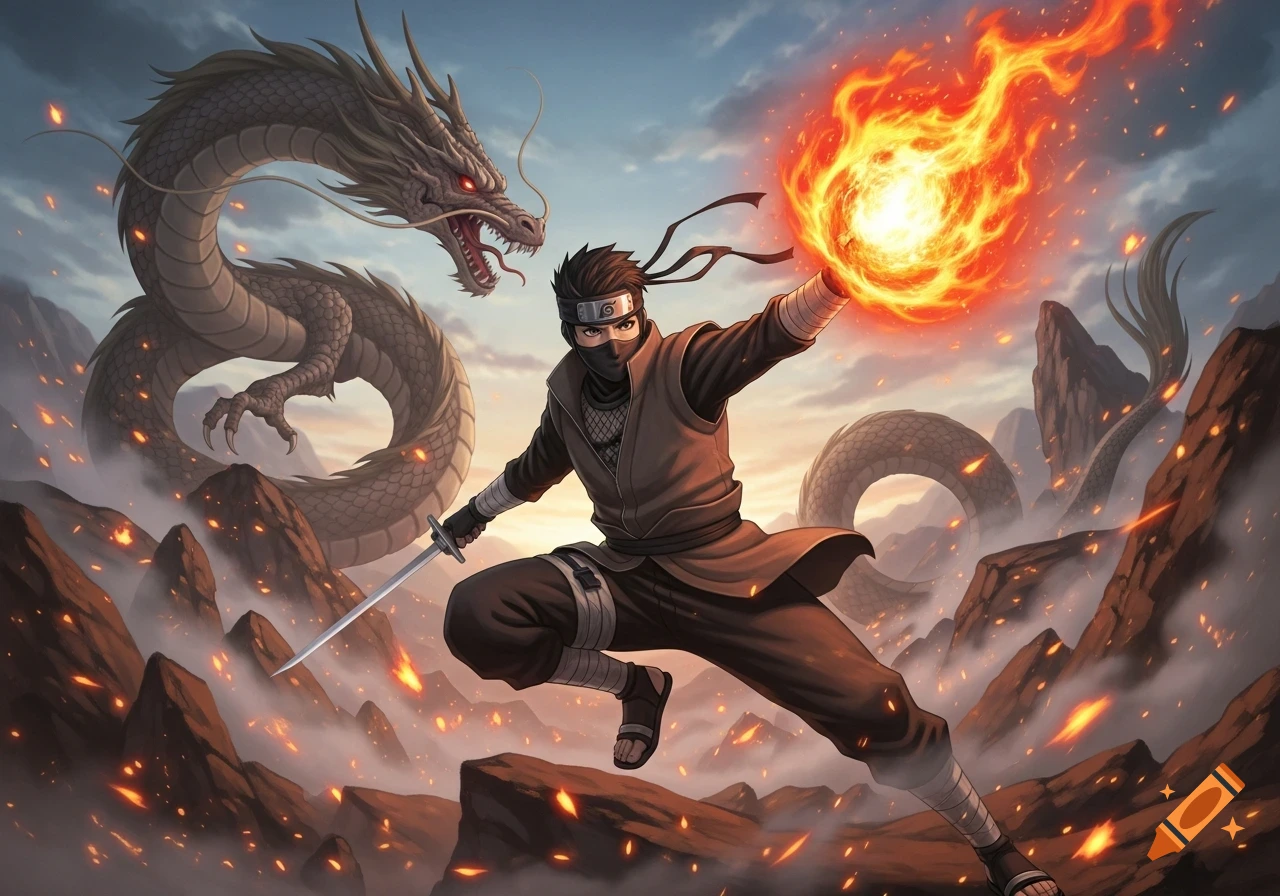 A manga-style ninja in a black and brown outfit with a headband holds a fiery orb, facing a large grey dragon amidst rocky terrain and fire sparks.