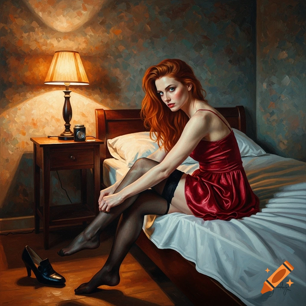 Red-haired woman in a red slip dress and black stockings sits on a bed in a dimly lit oil painting.