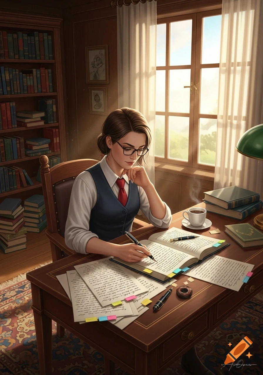 A young woman with glasses wearing a vest and tie sits at a wooden desk, writing in an open book surrounded by papers and books in a sunlit study.