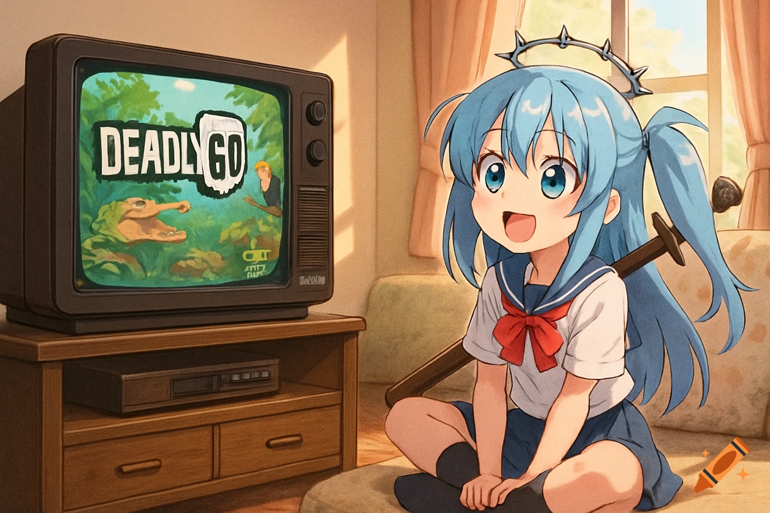 An anime girl with blue hair and a spiked halo sits on the floor watching an old television displaying 'DEADLY GO'.
