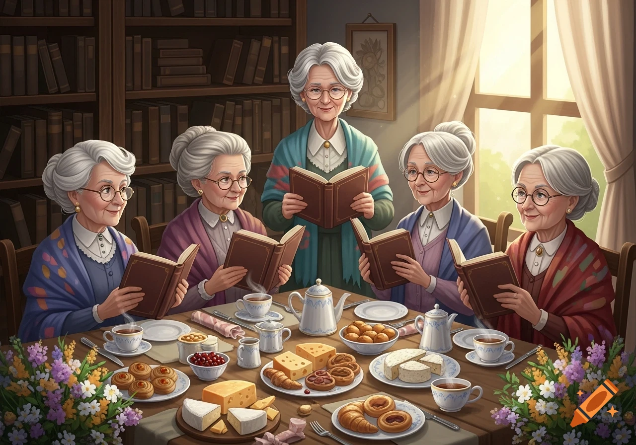 Five elderly women with white hair and glasses sit around a table with books, tea, and various foods.