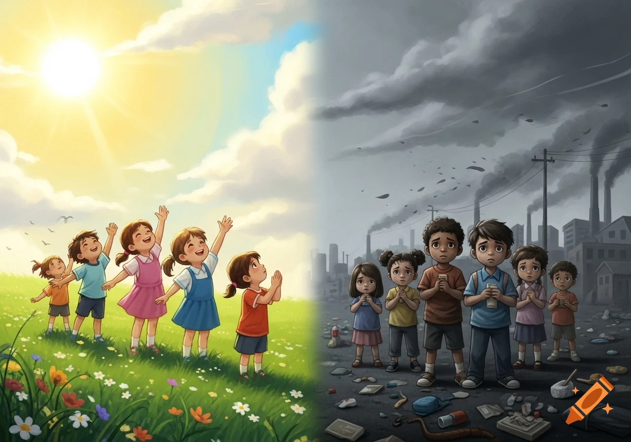 Split image: happy children play in a sunny green field on the left, sad children stand in a polluted city on the right, cartoon style.