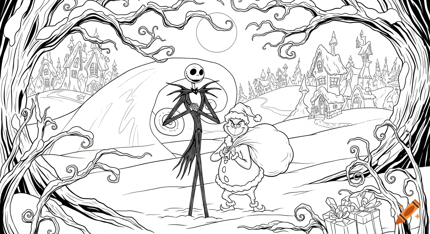 Black and white line art of Jack Skellington and the Grinch carrying a sack in a snowy Christmas village framed by trees.