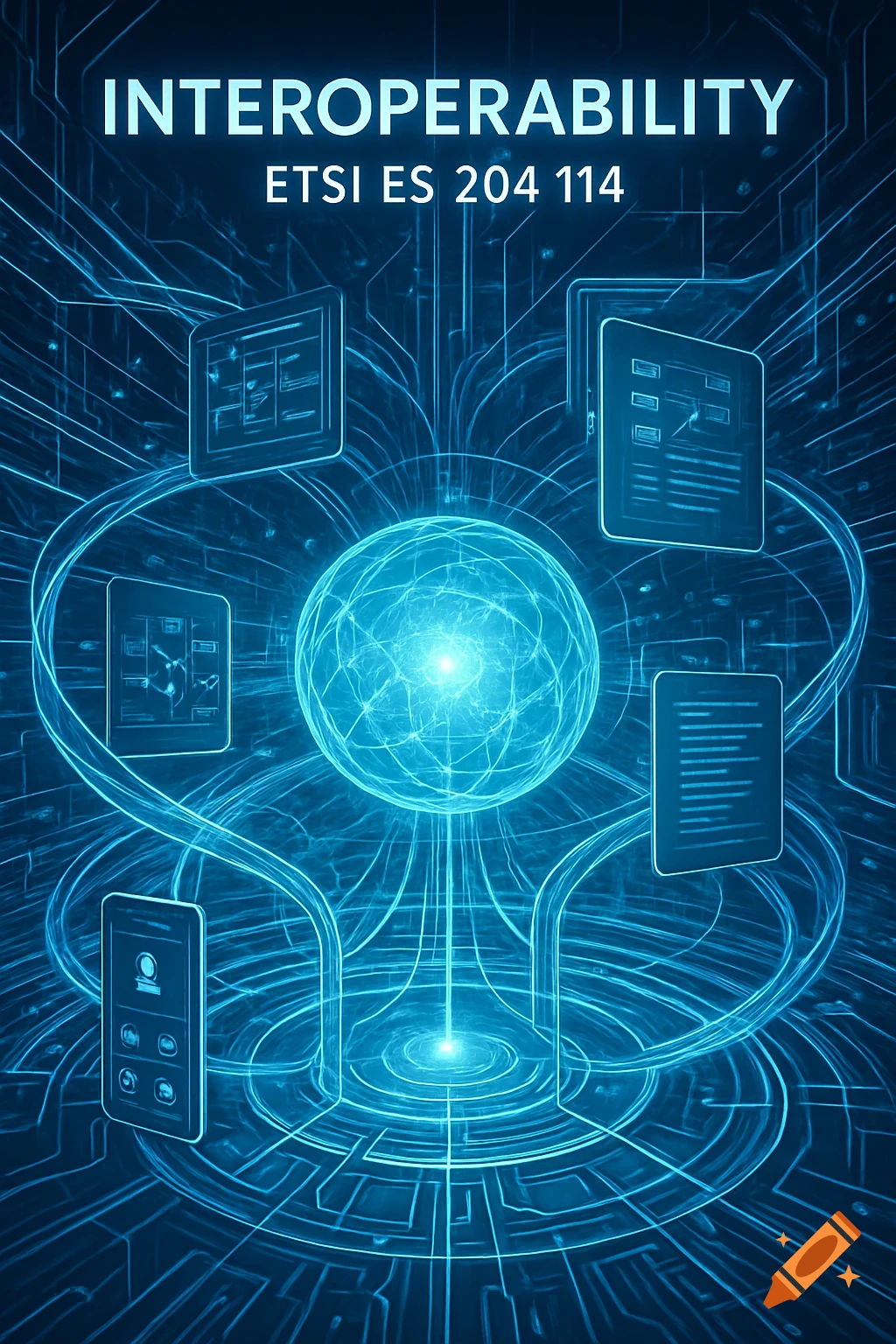Glowing blue orb at the center of a futuristic digital network, surrounded by floating screens connected by light trails, with "INTEROPERABILITY ETSI ES 204 114" text.