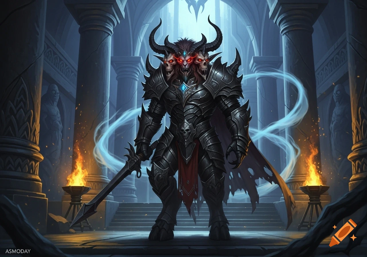 Armored three-headed demon with horns and glowing red eyes holds a sword in a dark gothic temple with torches and blue smoke.