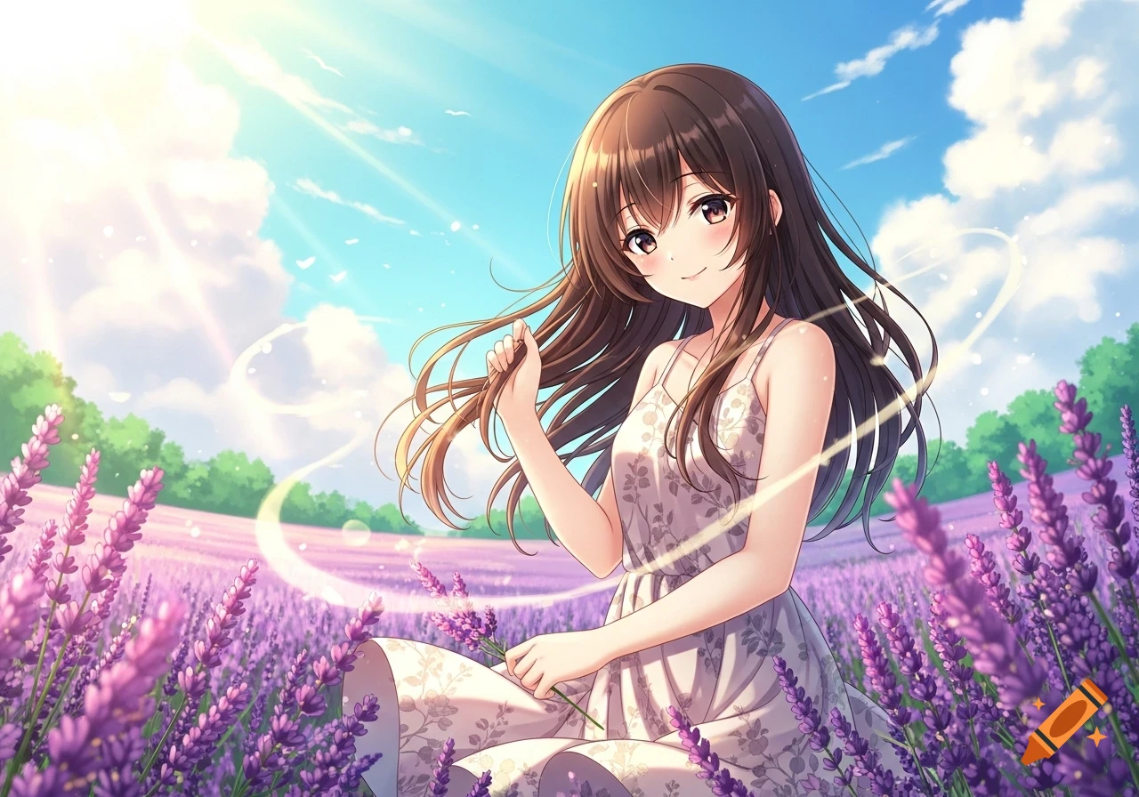 An anime girl with long brown hair smiles in a field of purple lavender flowers under a bright blue sky.