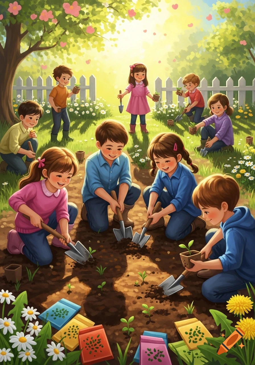 Illustrated scene of smiling children gardening in a sunny backyard, digging soil and planting seedlings among flowers and seed packets.