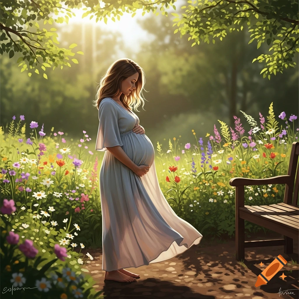A pregnant woman in a flowing dress stands in a sunlit field of colorful wildflowers, gently holding her belly. A wooden bench sits nearby.