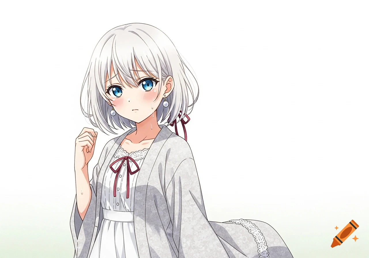 Anime girl with white short hair and blue eyes, wearing a white dress and light gray kimono, with a shy expression.