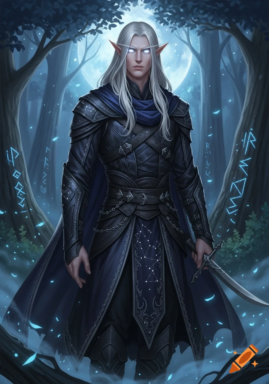Male moon elf with long silver hair, glowing silver eyes, dark assassin-inspired armor, holding a sword in a mystical forest under a full moon.
