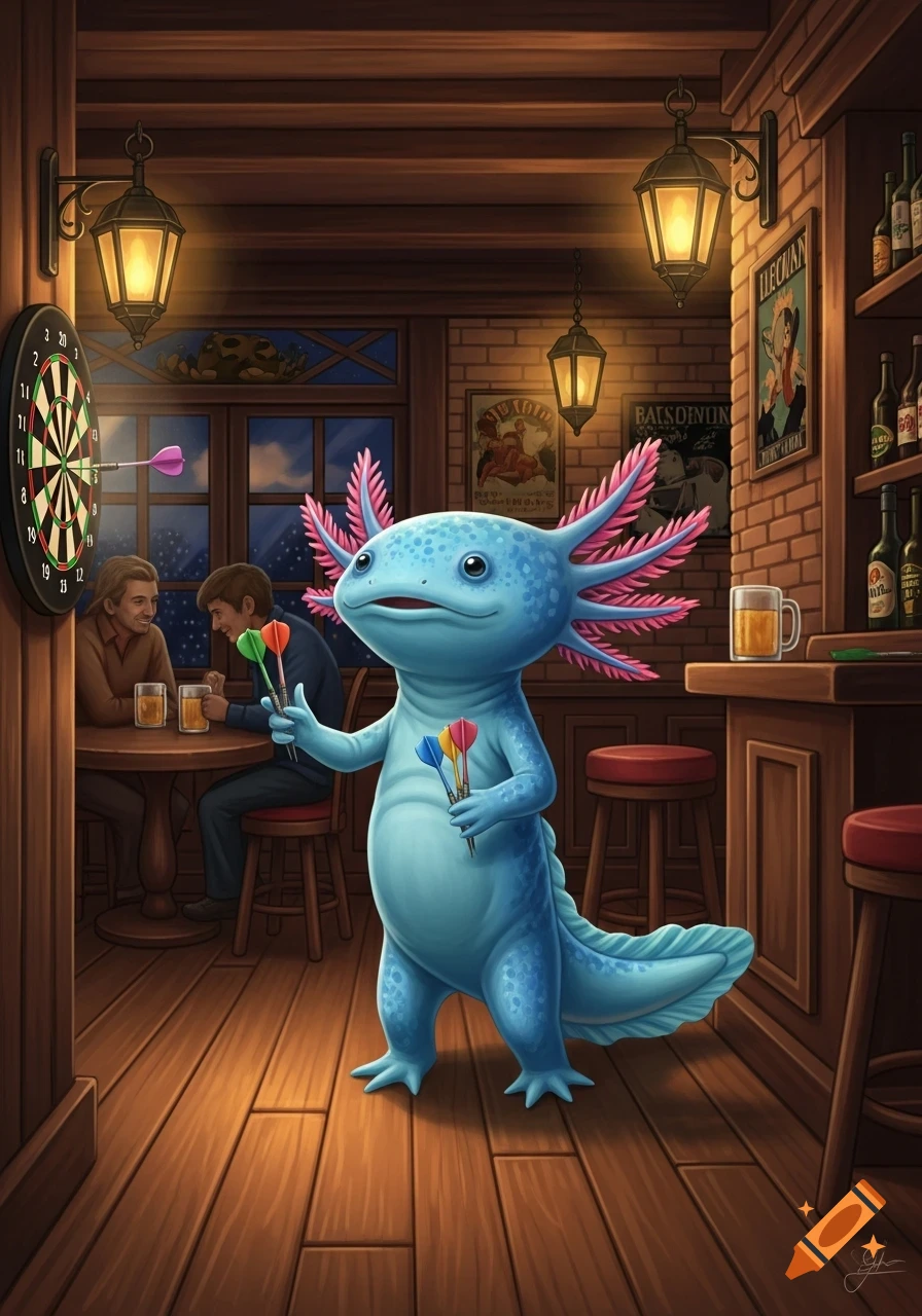 A cartoon blue axolotl holds darts in a cozy, dimly lit pub, with a dartboard and two men drinking beer in the background.