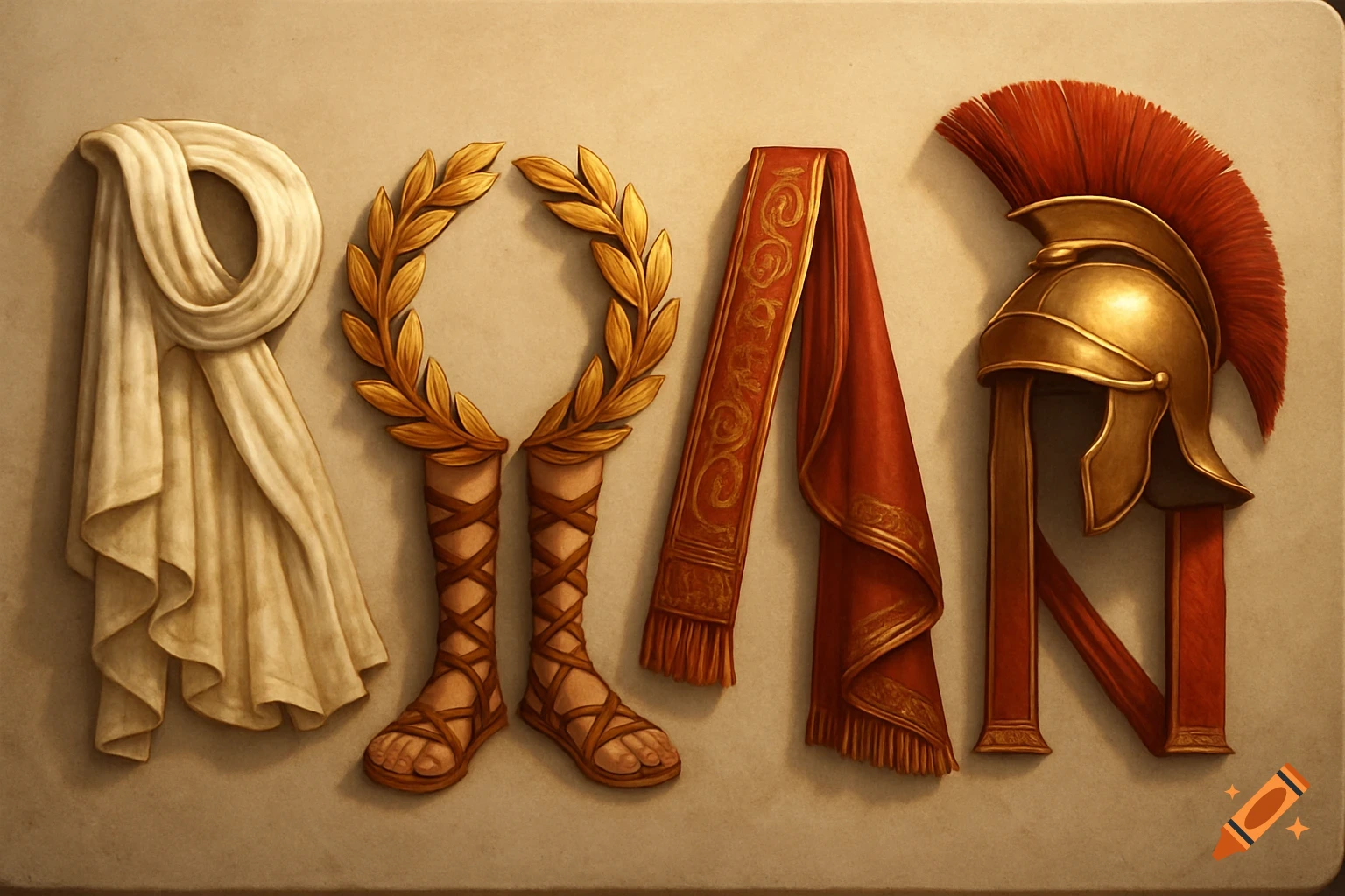 Stylized Roman artifacts form the word ROMAN, featuring a toga, laurel wreath, sandals, sash, and helmet on a light background.