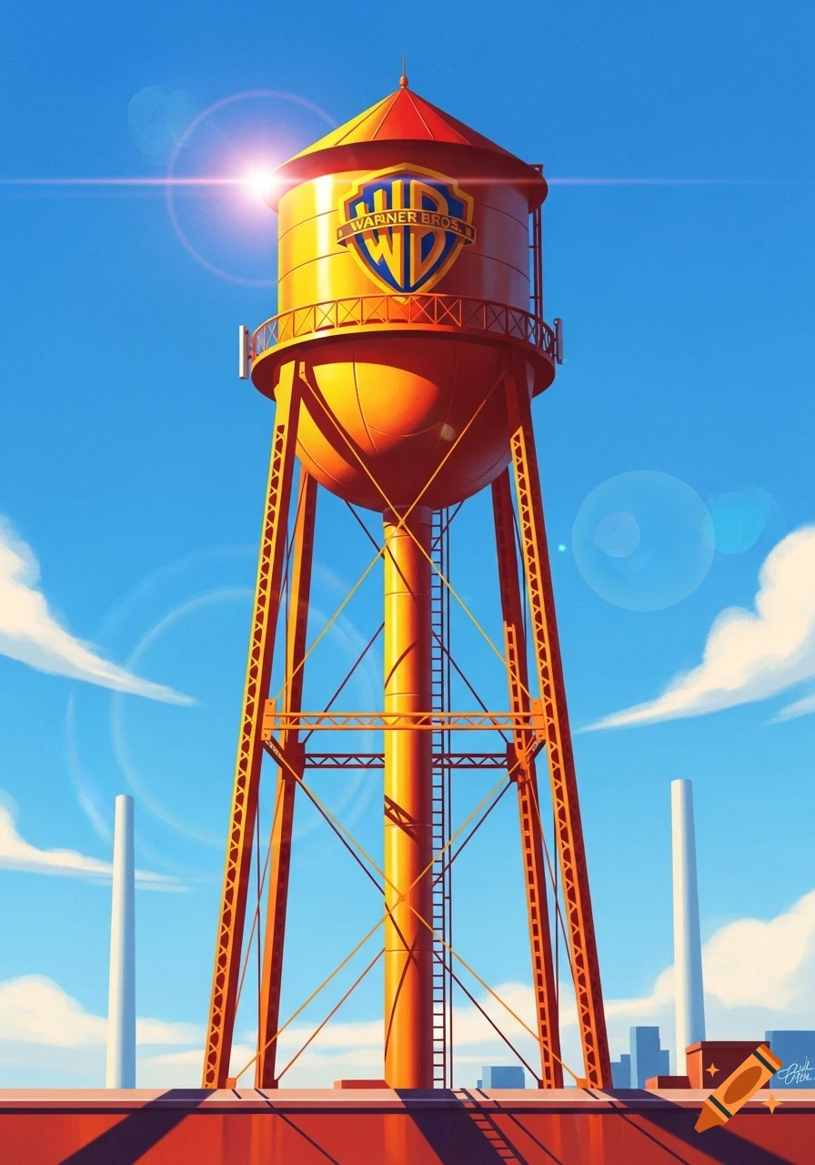 Stylized illustration of the yellow and red Warner Bros water tower under a bright blue sky with lens flares.