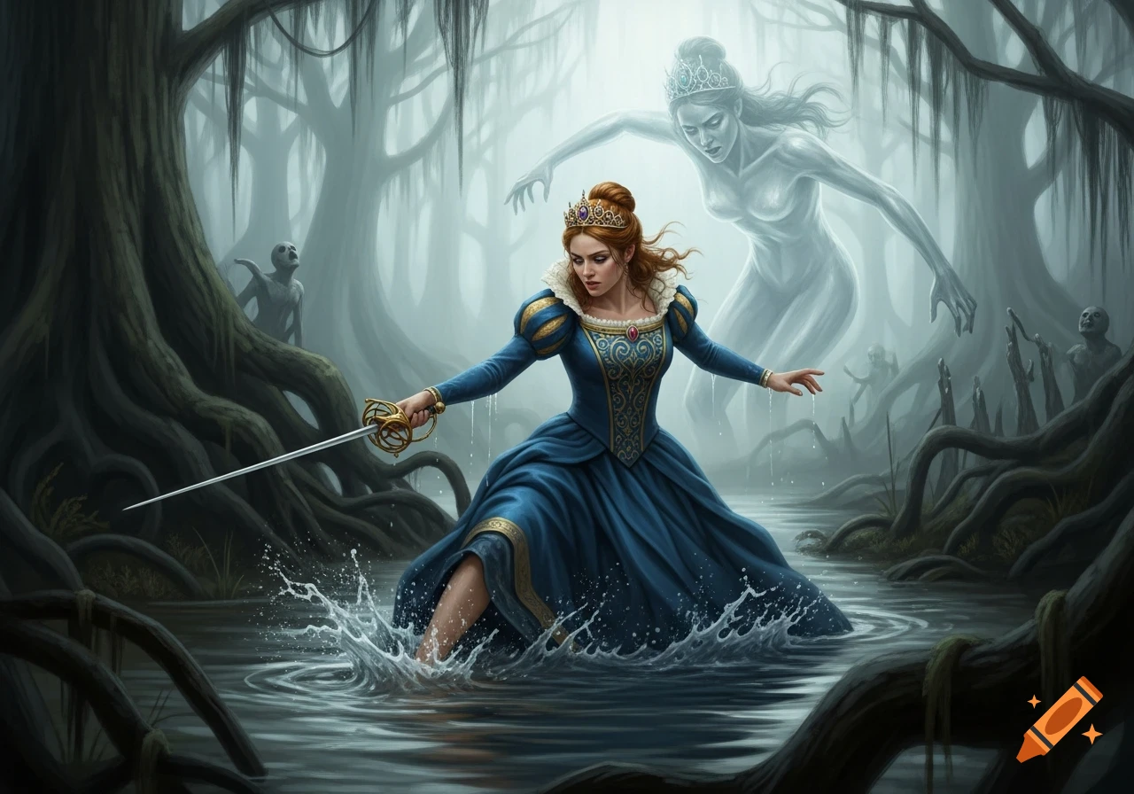 A princess in a blue gown and crown wields a rapier, stumbling in a misty swamp pond with roots, as a large ghost copy of her looms behind.