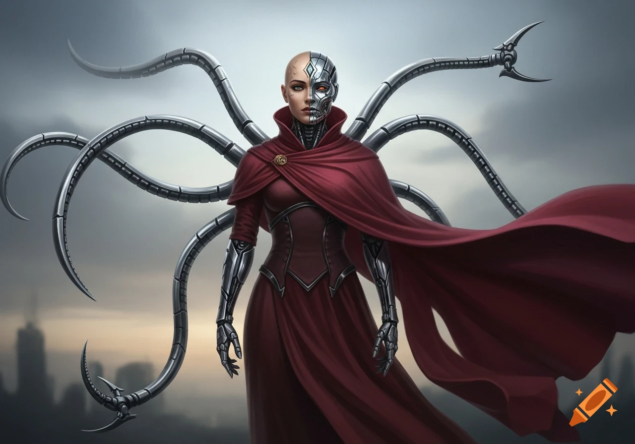 A half-human, half-robot woman with mechanical tentacles and a red flowing robe stands against a cloudy skyline. Digital art.