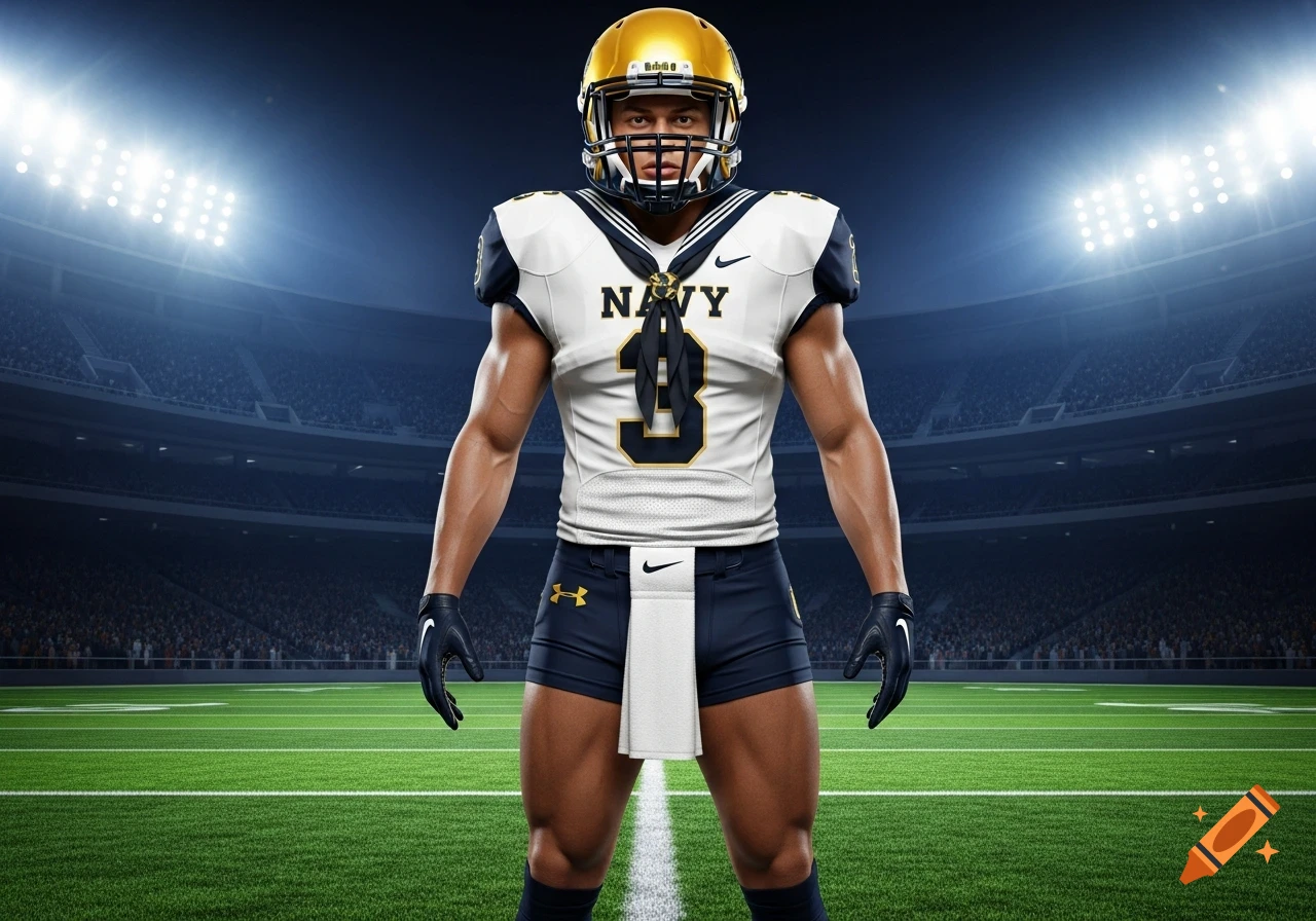 Photorealistic image of a football player in a Navy uniform with a gold helmet and white jersey, standing in a stadium.