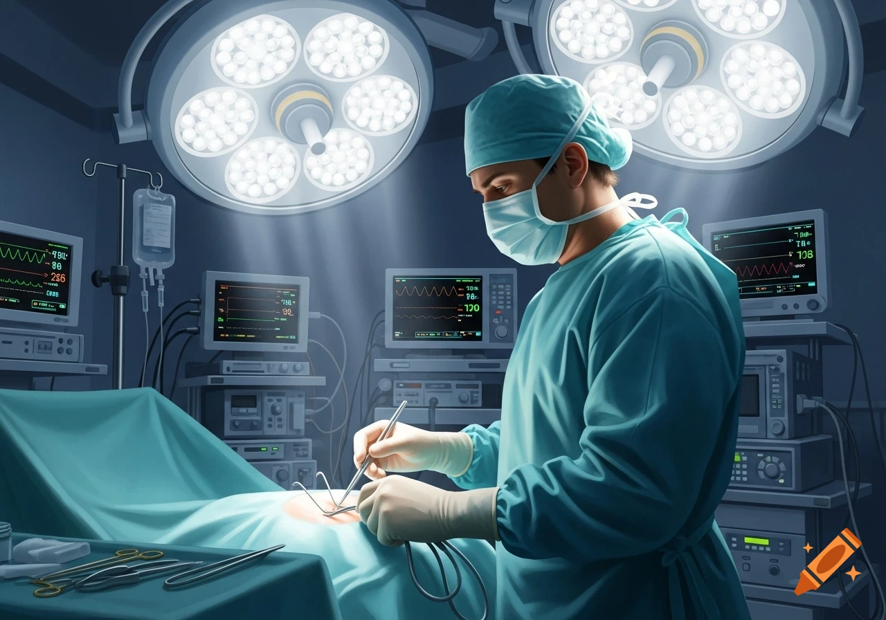 Masked surgeon in green scrubs performs surgery in a brightly lit operating room with medical monitors.