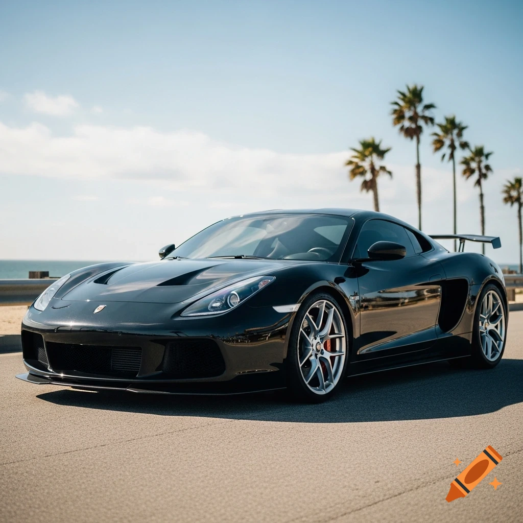 A sleek black sports car is parked on an asphalt road next to a beach with the ocean and palm trees under a clear sky.