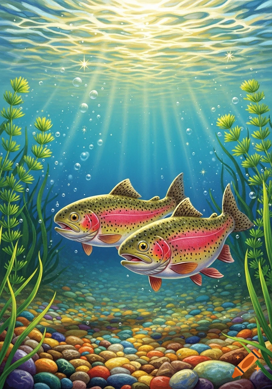 Two colorful rainbow trout swim in a clear, sunlit river with green plants and vibrant pebbles, in a children's book illustration style.