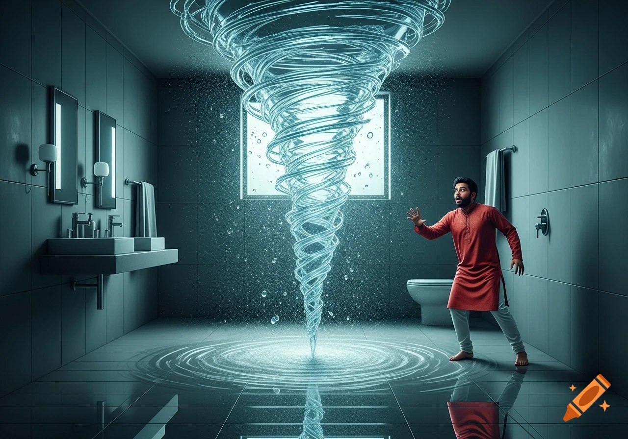 A man in a traditional Indian outfit looks scared as a large water vortex forms in a modern bathroom.