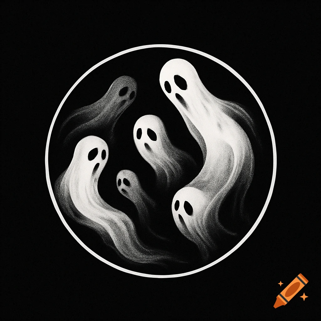 A black and white illustration of five stylized white ghosts with hollow eyes and mouths, swirling within a white circular frame against a black background.