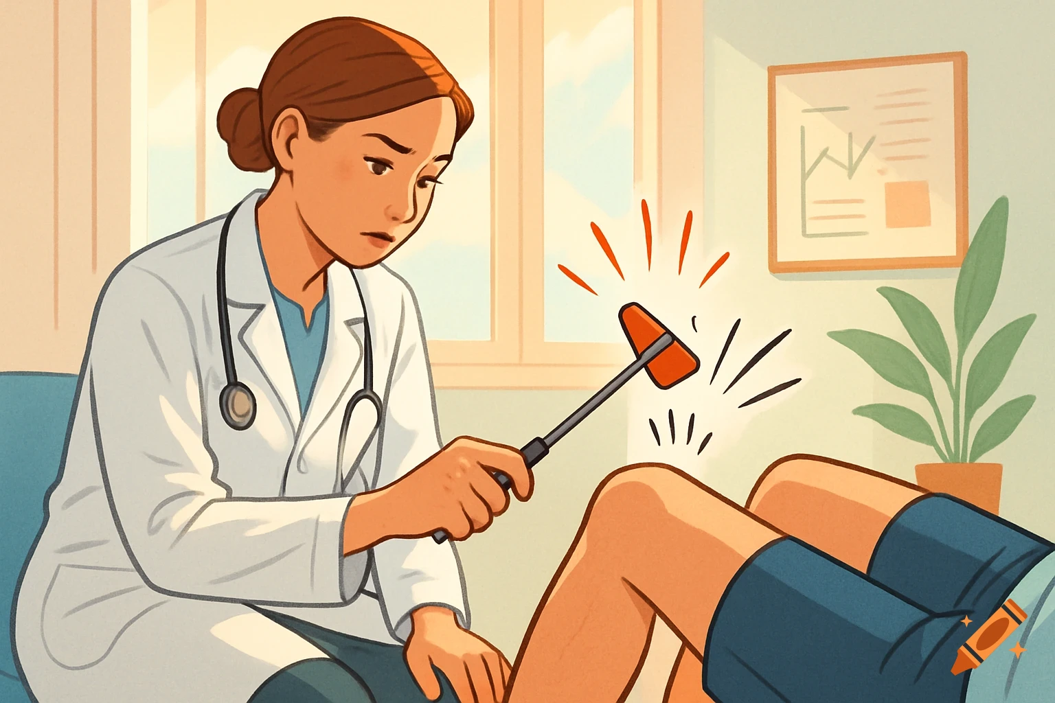 An illustration of a doctor performing a knee reflex test on a patient in a medical office.