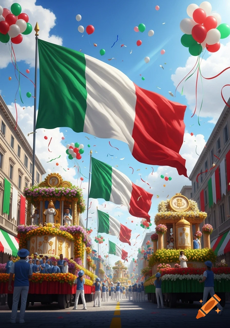 A vibrant street parade featuring large Italian flags waving prominently, festive floats adorned with flowers, and people gathered under a clear blue sky with balloons and confetti.