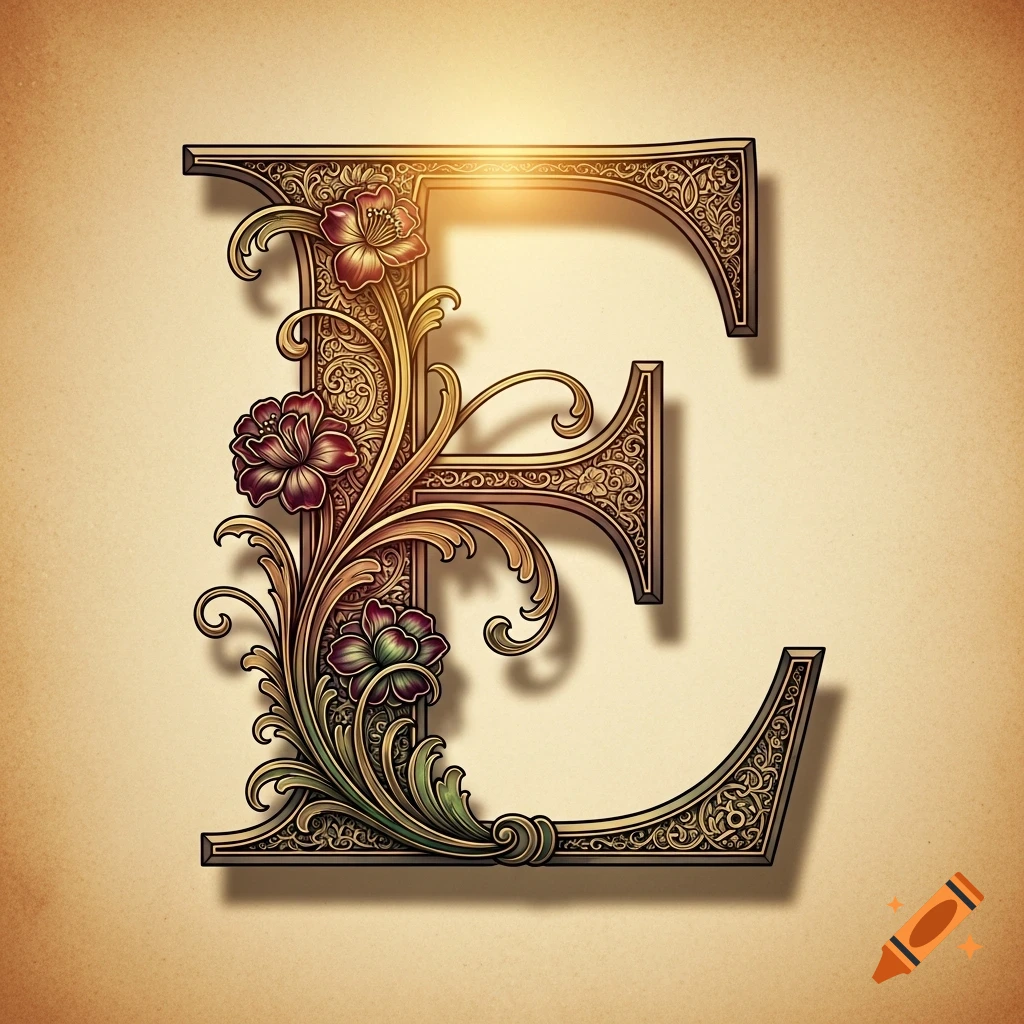 An intricately decorated, gilded letter 'E' with floral scrollwork, set against a warm, antique parchment background with a subtle glow.