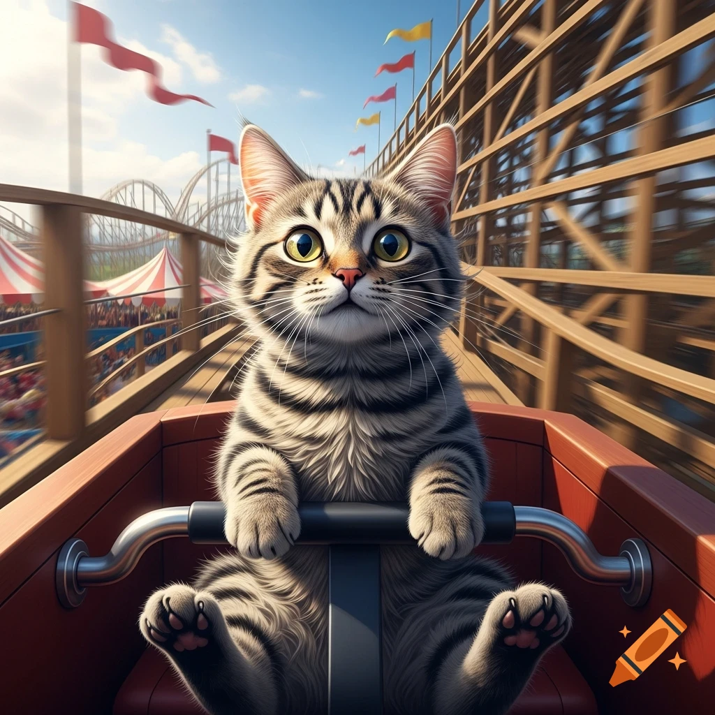 A cute tabby cat sits in the front car of a wooden roller coaster at an amusement park, looking forward with wide eyes.